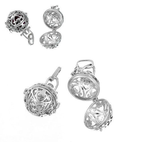 Picture of Brass Pendants Mexican Angel Caller Bola Harmony Ball Wish Box Silver Tone Heart Hollow Can Open (Fit Bead Size: 16mm) 43mm(1 6/8") x 25mm(1"), 1 Piece