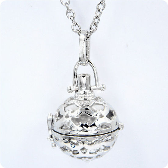 Picture of Brass Pendants Mexican Angel Caller Bola Harmony Ball Wish Box Silver Tone Heart Hollow Can Open (Fit Bead Size: 16mm) 43mm(1 6/8") x 25mm(1"), 1 Piece