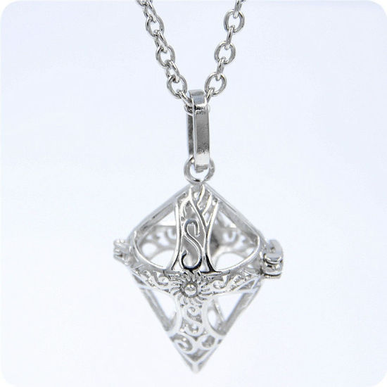 Picture of Brass Pendants Mexican Angel Caller Bola Harmony Ball Wish Box Silver Tone Heart Hollow Can Open (Fit Bead Size: 16mm) 43mm(1 6/8") x 25mm(1"), 1 Piece