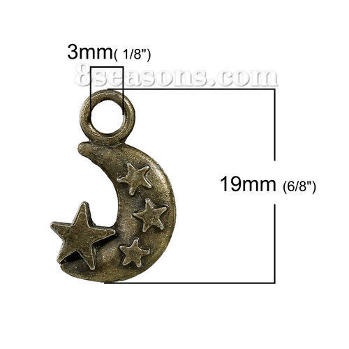 Picture of Zinc Based Alloy Charms Half Moon Antique Bronze Star 19mm( 6/8") x 13mm( 4/8"), 20 PCs