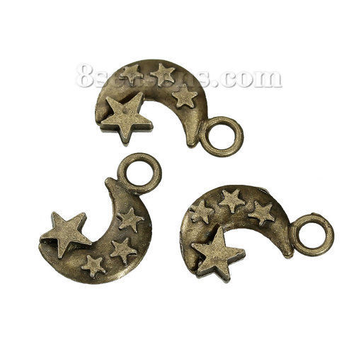 Picture of Zinc Based Alloy Charms Half Moon Antique Bronze Star 19mm( 6/8") x 13mm( 4/8"), 20 PCs