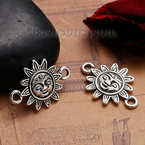 Image de Connecteurs de Bijoux au Style Bohème Chic en Alliage de Zinc Soleil Argent Vieilli 23mm x 16mm, 10 Pcs