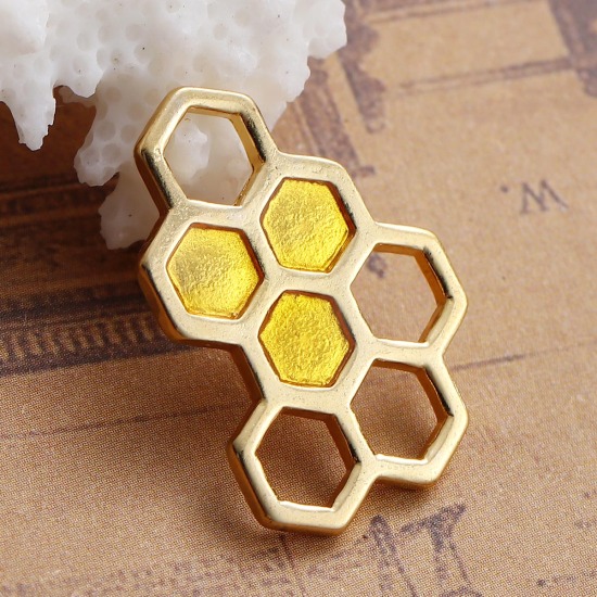 Image de Connecteurs de Bijoux en Alliage de Zinc Alvéole d'Abeille Jaune Doré Email 24mm x 17mm, 10 Pcs