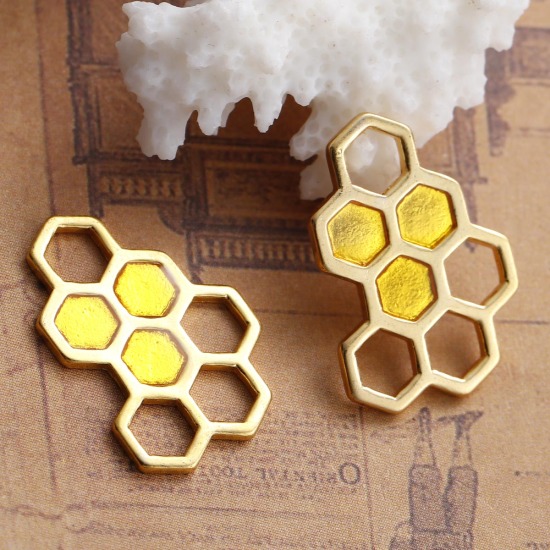 Image de Connecteurs de Bijoux en Alliage de Zinc Alvéole d'Abeille Jaune Doré Email 24mm x 17mm, 10 Pcs