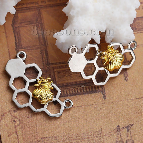 Image de Connecteurs de Bijoux en Alliage de Zinc Alvéole d'Abeille Or Clair Argent Mat Abeille Creux 25mm x 14mm, 10 Pcs
