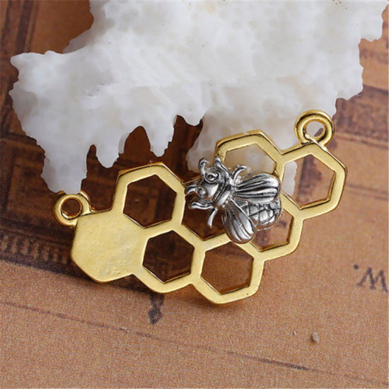 Image de Connecteurs de Bijoux en Alliage de Zinc Alvéole d'Abeille Or Clair Argent Mat Abeille Creux 25mm x 14mm, 10 Pcs