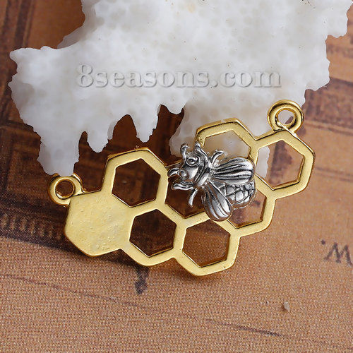 Image de Connecteurs Pendentifs Breloques en Alliage de Zinc Doré Argent Mat Deux Couleurs Alvéole d'Abeille Abeille Creux 25mm x 14mm, 10 Pcs