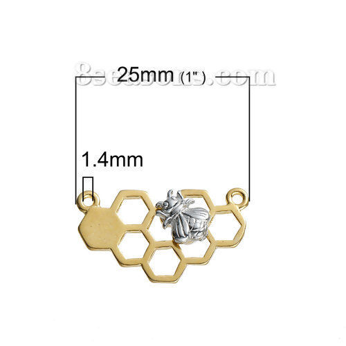 Image de Connecteurs Pendentifs Breloques en Alliage de Zinc Doré Argent Mat Deux Couleurs Alvéole d'Abeille Abeille Creux 25mm x 14mm, 10 Pcs