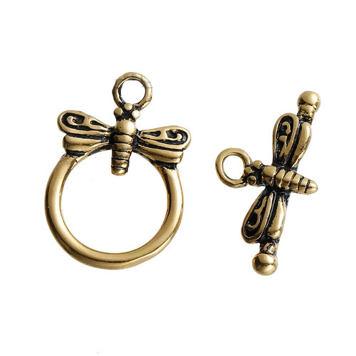 Image de Fermoir Toggle en Laiton Rond Or Vieilli Libellule Gravé 18mm x 10mm 19mm x 13mm, 2 Kits