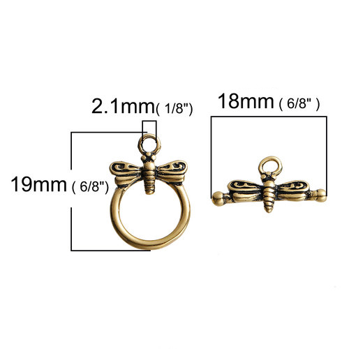 Image de Fermoir Toggle en Laiton Rond Or Vieilli Libellule Gravé 18mm x 10mm 19mm x 13mm, 2 Kits