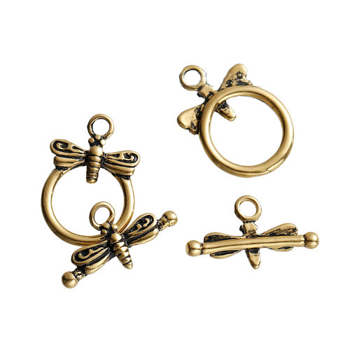 Image de Fermoir Toggle en Laiton Rond Or Vieilli Libellule Gravé 18mm x 10mm 19mm x 13mm, 2 Kits