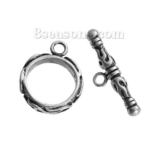 真鍮 トグルクラスプ 円形 銀古美 炎火彫刻 22mm x 7mm、 17mm x 14mm、 2 セット の画像