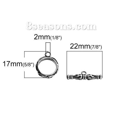 真鍮 トグルクラスプ 円形 銀古美 炎火彫刻 22mm x 7mm、 17mm x 14mm、 2 セット の画像