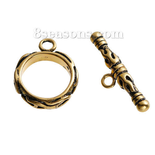 Image de Fermoir Toggle en Laiton Rond Or Vieilli Feu Flamme Gravé 22mm x 7mm 17mm x 14mm, 2 Kits