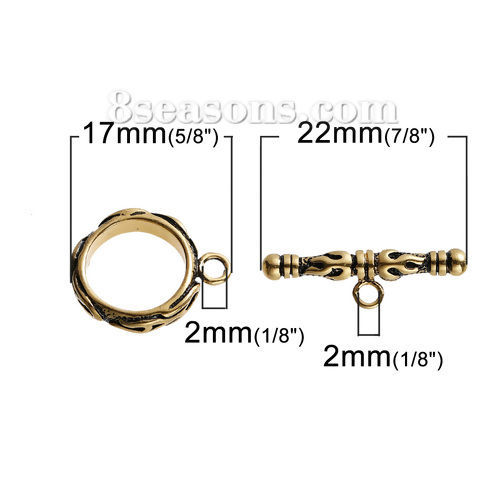 Image de Fermoir Toggle en Laiton Rond Or Vieilli Feu Flamme Gravé 22mm x 7mm 17mm x 14mm, 2 Kits