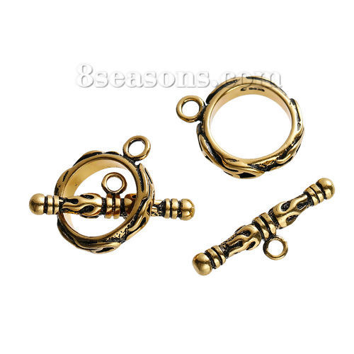 Image de Fermoir Toggle en Laiton Rond Or Vieilli Feu Flamme Gravé 22mm x 7mm 17mm x 14mm, 2 Kits