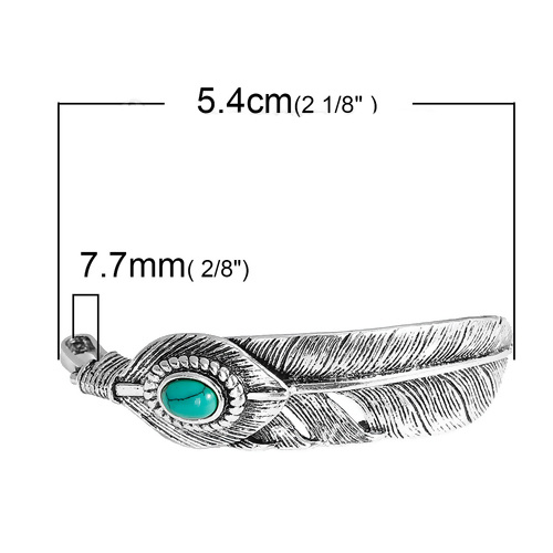 真鍮 ペンダント 羽 銀古美 模造ターコイズ 54mmx 15mm、 1 個 の画像