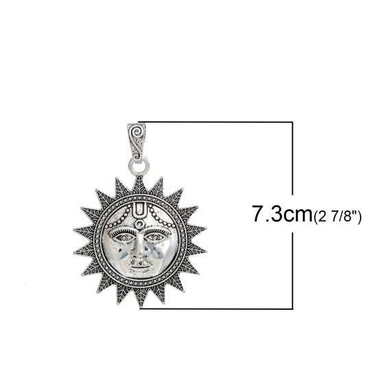 Image de Pendentif au Style Bohème Chic en Alliage de Zinc Soleil Argent Vieilli 73mm x 53mm, 2 Pcs