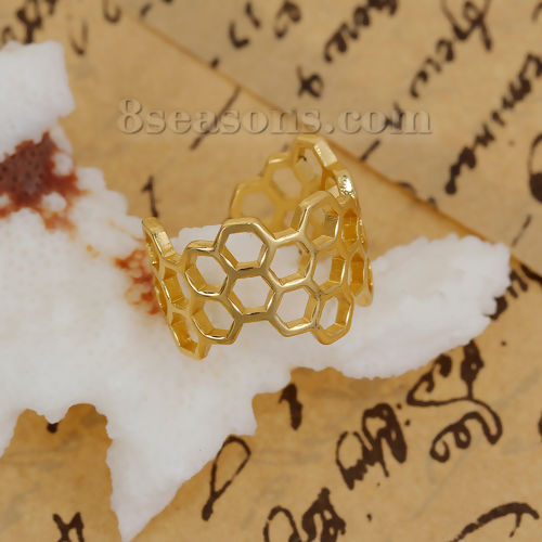 真鍮 オープン リング 指輪 ハニカム 金メッキ 透かし 16.5mm（日本サイズ約11号）、 1 個 の画像