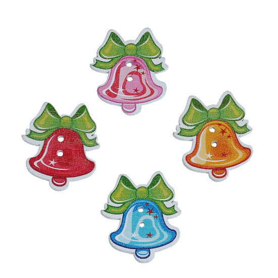 Picture of Natural Wood Sewing Buttons Scrapbooking 2 Holes Christmas Jingle Bell At Random Mixed Bowknot Pattern 30mm(1 1/8") x 26mm(1"), 5 PCs