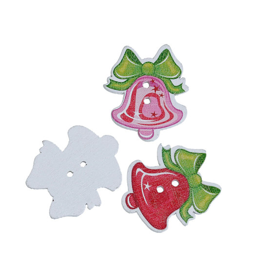 Picture of Natural Wood Sewing Buttons Scrapbooking 2 Holes Christmas Jingle Bell At Random Mixed Bowknot Pattern 30mm(1 1/8") x 26mm(1"), 5 PCs