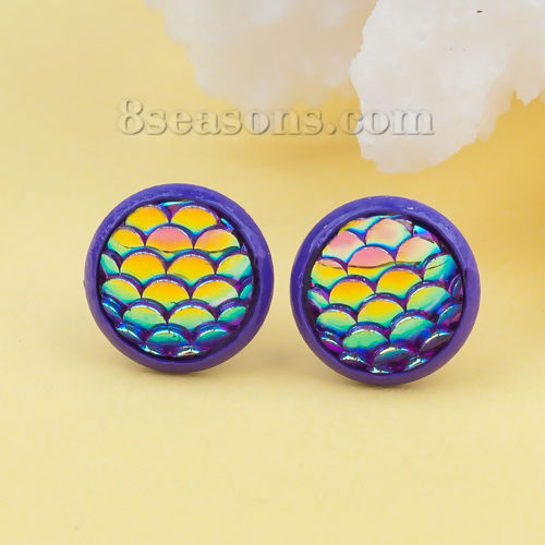真鍮 + 樹脂 ピカピカ 人魚柄 ドラゴン柄 イヤリング パープル ABカラー 円形 15mm x 12mm、 1 ペア の画像
