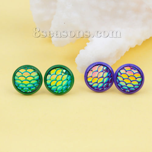 真鍮 + 樹脂 ピカピカ 人魚柄 ドラゴン柄 イヤリング パープル ABカラー 円形 15mm x 12mm、 1 ペア の画像