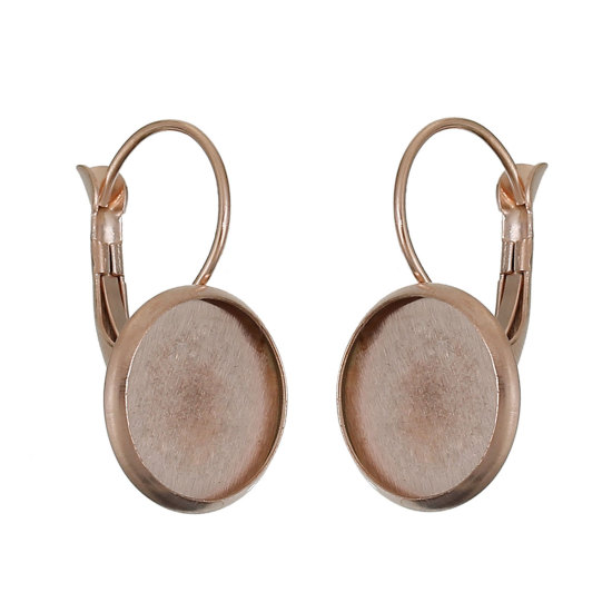 Image de Boucles d'Oreilles Clips Supports à Cabochons en Acier Inoxydable Forme Rond Or Rose (Cabochon Rapportable 12mm Dia.) 25mm x 14mm, Epaisseur de Fil: (20 gauge), 2 Pcs