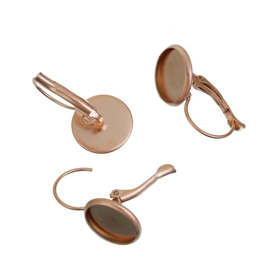 Image de Boucles d'Oreilles Clips Supports à Cabochons en Acier Inoxydable Forme Rond Or Rose (Cabochon Rapportable 12mm Dia.) 25mm x 14mm, Epaisseur de Fil: (20 gauge), 2 Pcs