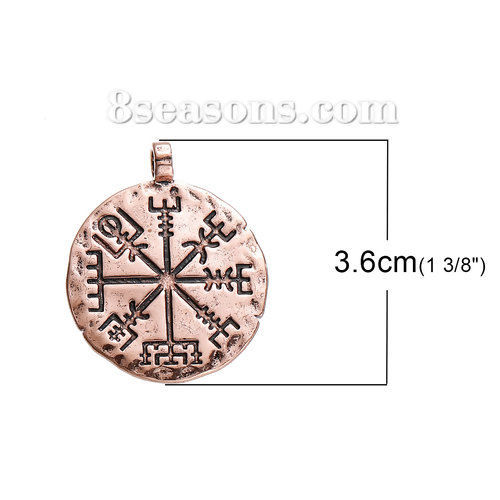 真鍮 ペンダント 円形 赤銅色 コンパス 36mmx 30mm、 1 個 の画像