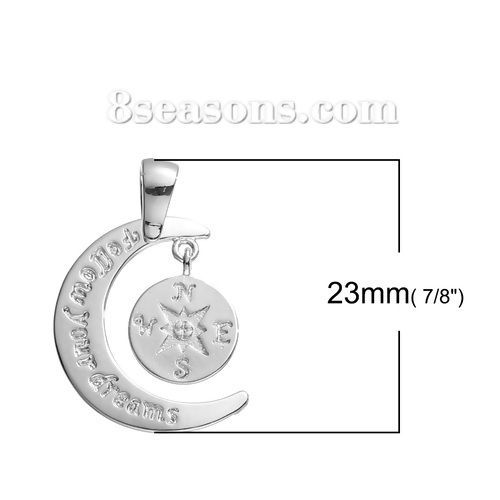 1 個 真鍮 チャーム ペンダント シルバートーン コンパス 文字 文字「 Follow Your Dreams」 28mm x 17mm、 の画像
