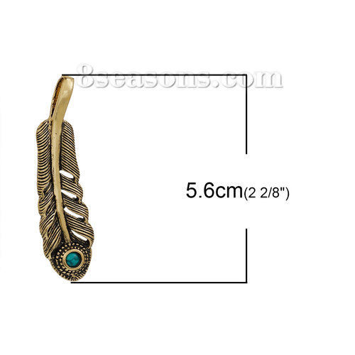 真鍮 ペンダント 羽 金古美 緑 模造ターコイズ 56mmx 15mm、 1 個 の画像
