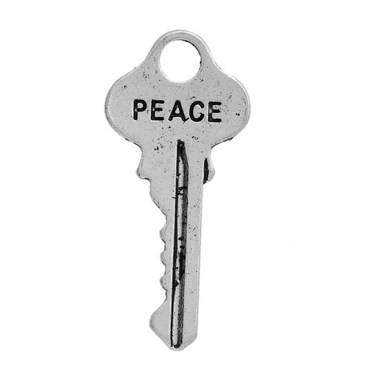 Immagine di Lega di Zinco Charms Chiave Argento Antico Lettere " Peace " 25mm x 12mm , 20 Pz