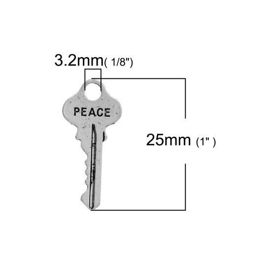 Immagine di Lega di Zinco Charms Chiave Argento Antico Lettere " Peace " 25mm x 12mm , 20 Pz
