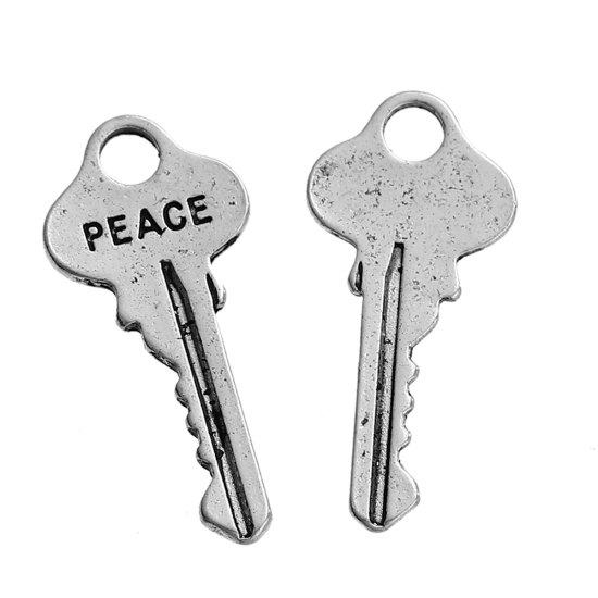 Immagine di Lega di Zinco Charms Chiave Argento Antico Lettere " Peace " 25mm x 12mm , 20 Pz