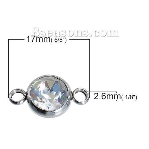 304ステンレス鋼 コネクターパーツ 円形 シルバートーン ファセット ABカラーラインストーン 18mm x 10mm、 2 個 の画像