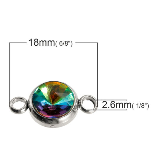 304ステンレス鋼 コネクターパーツ 円形 シルバートーン ファセット ABカラーラインストーン 18mm x 10mm、 2 個 の画像