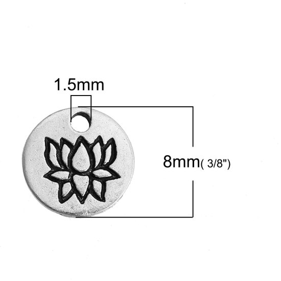Imagen de Zamak Colgantes Charms Flor de Loto Plata Antigua Ronda 8mm Dia, 50 Unidades