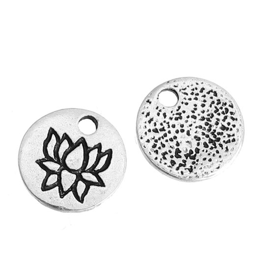Imagen de Zamak Colgantes Charms Flor de Loto Plata Antigua Ronda 8mm Dia, 50 Unidades