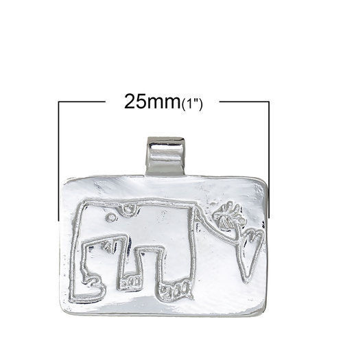 真鍮 DIY 落書き デザイン チャーム 長方形 シルバートーン 象 25mmx 22mm、 1 個 の画像