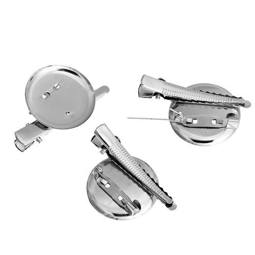 合金 ブローチパーツ 円形 シルバートーン 台座付き (適応サイズ:28mm) 46mm x 29mm、 20 個 の画像
