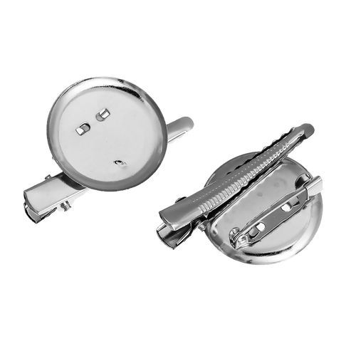 合金 ブローチパーツ 円形 シルバートーン 台座付き (適応サイズ:28mm) 46mm x 29mm、 20 個 の画像