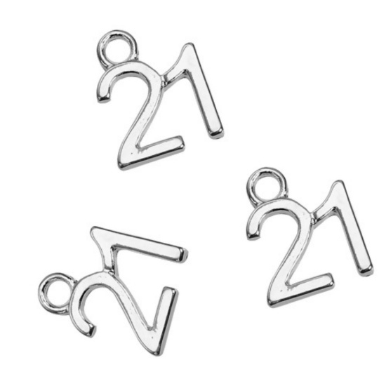Bild von Zinklegierung Charms Nummer " 21 " Versilbert 12mm x 10mm, 10 Stück