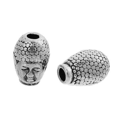 Bild von Zinklegierung 3D Metall Perlen Buddha Statue Antiksilber 13mm x 9mm, 20 Stück