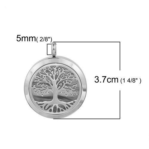 304ステンレス鋼 アロマ ディフューザー ペンダント 円形 シルバートーン ツリー彫刻 台座付 ( 23mmに合う) 37mm x 30mm、 1 個 の画像