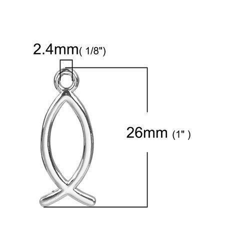 真鍮 チャーム イクトゥス シルバートーン 透かし 26mmx 11mm、 2 個 の画像