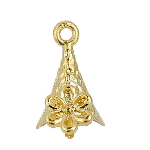 Picture of Brass Pearl Pendant Connector Bail Pin Cap Bicone Gold Plated Flower (Needle Thickness: 0.9mm) 11mm( 3/8") x 6mm( 2/8"), 5 PCs