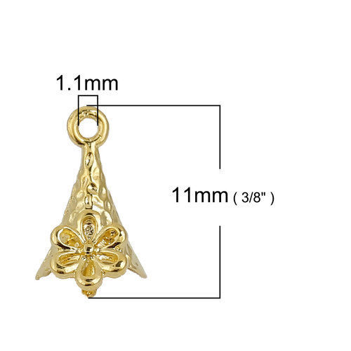 Picture of Brass Pearl Pendant Connector Bail Pin Cap Bicone Gold Plated Flower (Needle Thickness: 0.9mm) 11mm( 3/8") x 6mm( 2/8"), 5 PCs