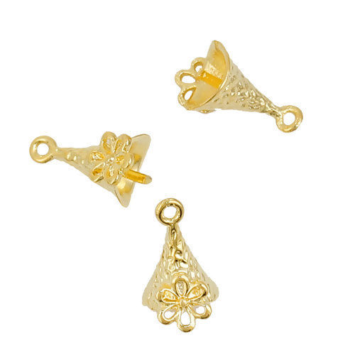 Picture of Brass Pearl Pendant Connector Bail Pin Cap Bicone Gold Plated Flower (Needle Thickness: 0.9mm) 11mm( 3/8") x 6mm( 2/8"), 5 PCs