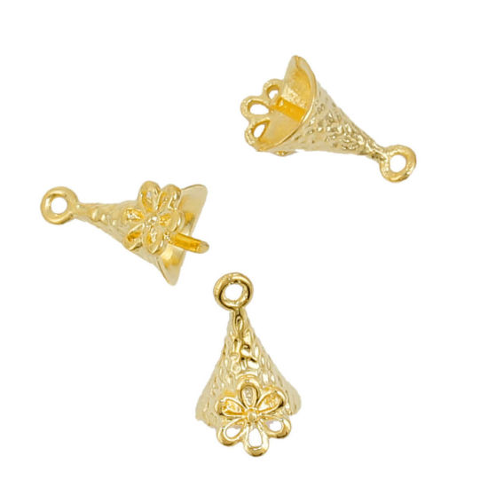 Picture of Brass Pearl Pendant Connector Bail Pin Cap Bicone Gold Plated Flower (Needle Thickness: 0.9mm) 11mm( 3/8") x 6mm( 2/8"), 5 PCs